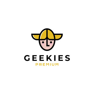 Geek nordic girl logo vector icon illustration line outline simple