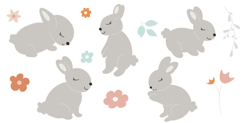 Grey Baby Bunnies.Spring Floral Elements with Little Rabbits. Cute Easter Bunny with Leaves and Flowers. Hares Vector Kids Illustration isolated on background. Design for card, print, book, kids story