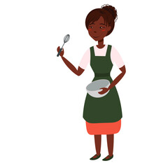 Young African American woman preparing food. Hand drawn, vector cartoon illustration of a chef, apron and restaurant chef uniform, workers profession, vector character, chef brings food
