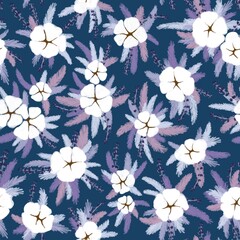 Seamless botanical pastel pattern in blue, pink, purple and white colors. Textured cotton flowers. The pattern can be used for bed linen, wedding cards, pillows.