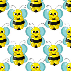 Seamless vector pattern with cute cartoon bee