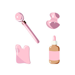 Collection of beauty devices. Beauty salon at home. Gua sha, face oil, massage roller. Skin care products for SPA, beauty concept. Vector illustration