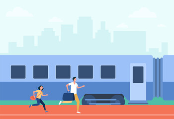 Fototapeta na wymiar Father and daughter running to train with bags. Wagon, travel, hurry flat vector illustration. Transportation and railway concept for banner, website design or landing web page