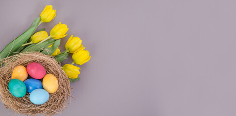 Easter card background banner, Easter eggs with a bouquet of yellow tulips on a gray background, with copy space