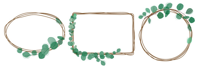 Set of vector hand drawn frames with watercolor eucalyptus leaves and branches isolated on white. Natural botanical greeting wedding invitation, invite template. circle,square,oval © Tally 18