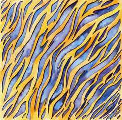  Abstract background, tiger skin texture. Hand drawn watercolor illustration . streak yellow and blue