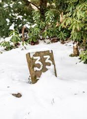 Feldstein Nr. 33 vor Sträuchern  vom Schnee bedeckt