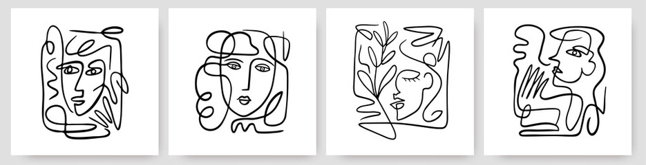 Contemporary abstract faces in one line art style on colorful shapes.