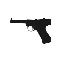 Pistol gun weapon vector illustration black crime handgun. War pistol trigger icon bullet. Isolated danger military army firearm ammunition silhouette symbol. Police arm hand element caliber drawing