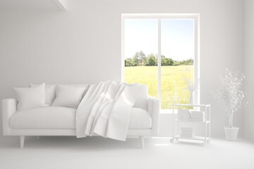 White living room with sofa and summer landscape in window. Scandinavian interior design. 3D illustration