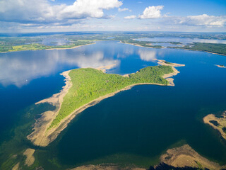 Aerial view of Mamry Lake and Upalty island - the biggest Masurian island, Mazury, Poland