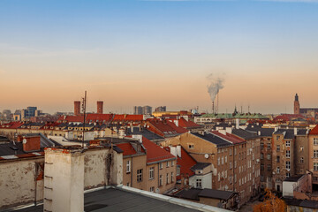 Fototapeta na wymiar beautiful sunset and view of the rooftops of the city wroclaw poland