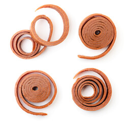 Pastila from fruit puree rolls set on a white background, isolated. Top view