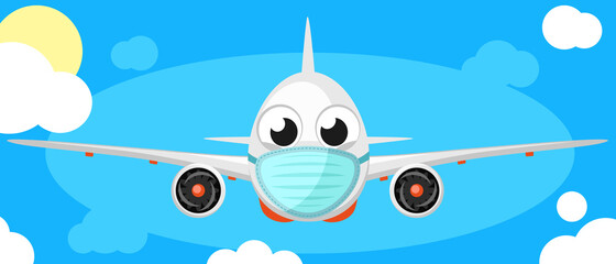 Naklejka premium Airplane in a medical mask against the sky, character