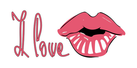 Postcard with the words I love you and coral lips. Vector illustration of lettering. Hand drawn icon and symbol for print, poster, sticker, card design. Doodle design elements. 