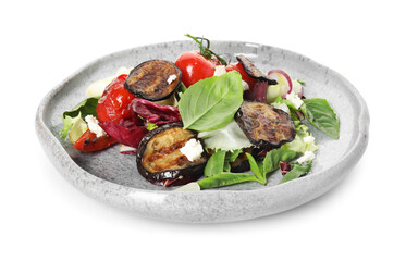 Delicious salad with roasted eggplant, basil and cheese isolated on white