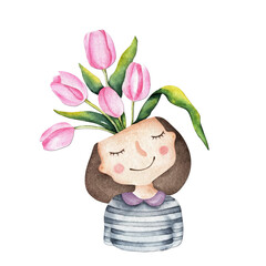 Watercolor cute girl with pink tulips