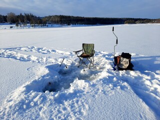 Ice fishing. Winter fishing, catching a fish