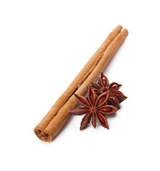 Aromatic cinnamon stick and anise isolated on white