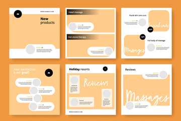 Customer reviews templates for social media, square banner layouts with testimonials of satisfied people, product review for company, word of mouth