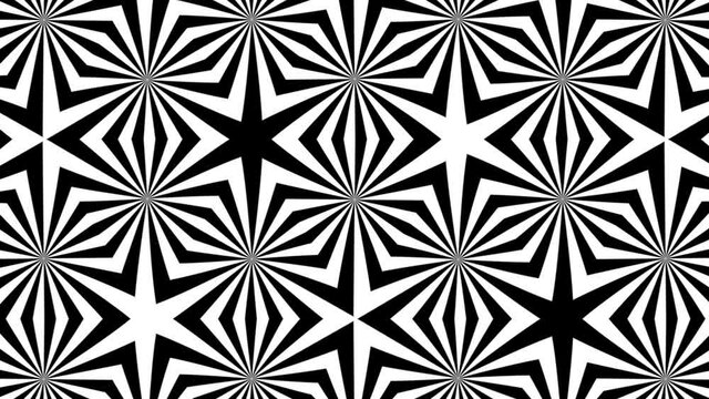 Geometric moving black psychedelic pattern, striped seamless looping background with zig zag and rhombus, trendy elegant ornament