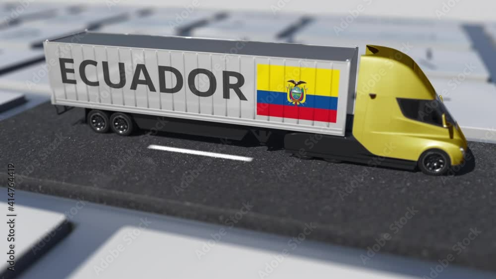 Aufkleber truck with flag of ecuador moves on the keyboard key. export or import related looping 3d animation