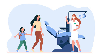 Mother and scared girl going to dentist. Caries, tooth, chair flat vector illustration. Stomatology and dentistry concept for banner, website design or landing web page