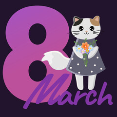 8 March Womens Day greeting card with a cute cartoon cat. Vector background.
