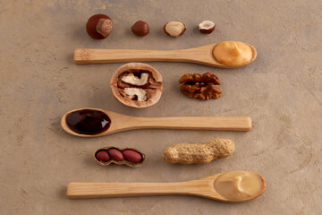 Butter, nut paste in wooden spoons with ingredients on a light background. Homemade Raw Organic Hazelnut, Peanut, Walnut. Concept for natural and vegetarian products. Top view, flatlay.