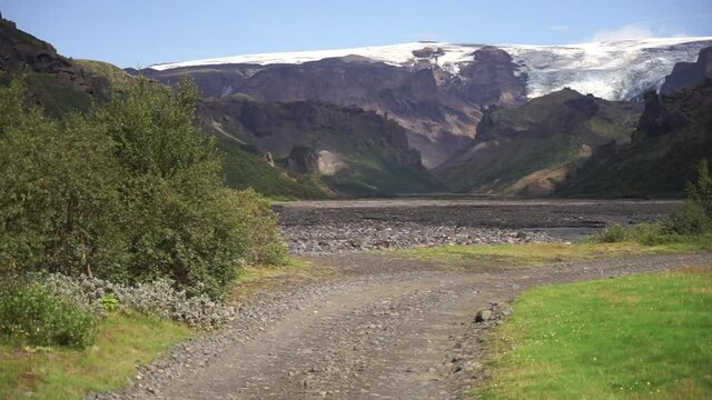 Scenic view Of Mountain Road in Thorsmork with glacier , Iceland