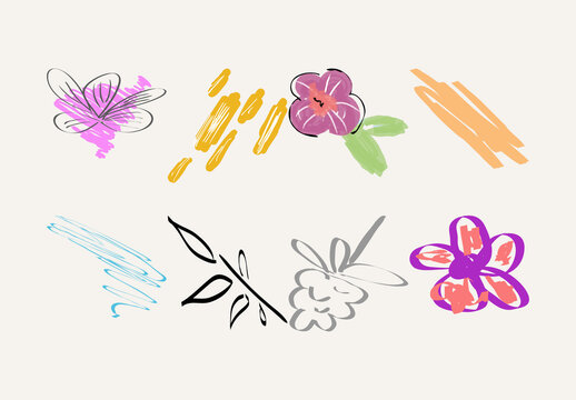 Set of Artistic Hand Drawn Fruit, Flowers, and Scribbles