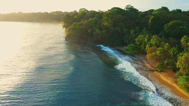 Aerial tilt reveal shot of breaking waves on Costa Rica jungle coastline. High quality 4k footage