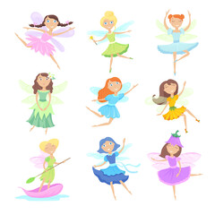 Cartoon fairies set. Cute female characters in beautiful dresses with wings and magic wand isolated on white. Vector illustrations for fairy tale, fantasy, costume for girls concept