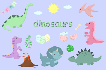 Set of cute dinosaurs. Vector illustration.