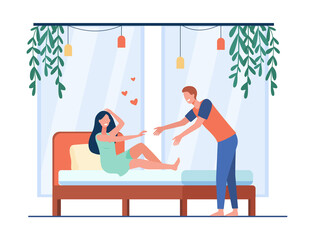 Happy young couple flirting at bedroom. Bed, heart, honeymoon flat vector illustration. Relationship and love concept for banner, website design or landing web page