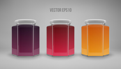 A set of hexagon glass jars with lids. A transparent jar with a white lid and labels. Realistic 3D illustration. Vector