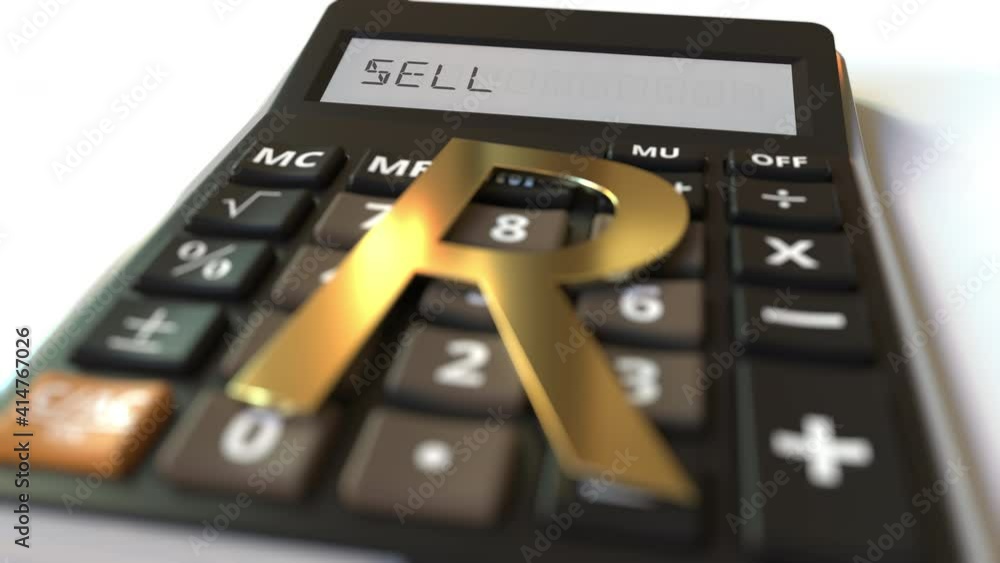 Poster rand money symbol on the keys and sell text on calculator display, conceptual 3d animation