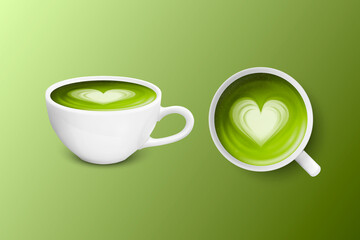 Vector 3d Realistic Ceramic Porcelain White Coffee Mug, Cup Isolated on Green Background. Green Milk Matcha, Foam Heart Pattern. Design Template. Front and Top View