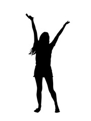 Beautiful girl standing with raised arms silhouette. Happy slim girl raised her hands up. Vector illustration isolated on white background.
