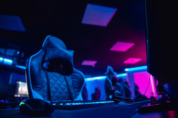 Workplace Professional gamers cafe room with powerful personal computer game chair blue color. Concept cyber sport arena - obrazy, fototapety, plakaty