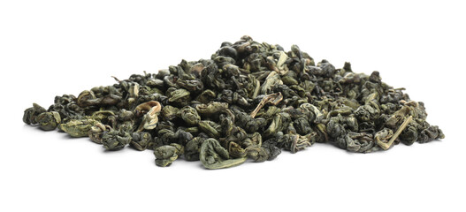 Pile of dried green tea leaves on white background