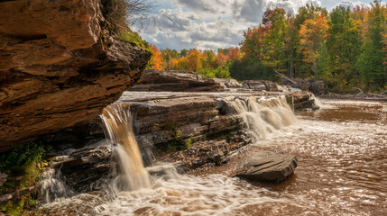 Autumn close up of Bonanza Falls on the Big Iron River -  near Silver City and Porcupine Mountains Wilderness State Park - Michigan Upper Peninsula