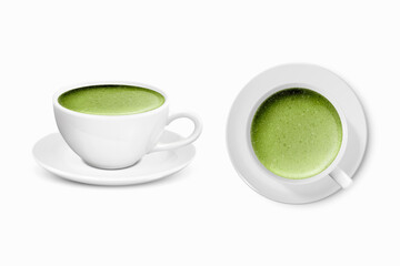 Vector 3d Realistic Ceramic White Coffee Porcelain Ceramic Mug, Cup and Saucer Isolated on White Background. Green Milk Foam Matcha. Design Template. Front and Top View