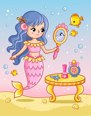 The mermaid looks in the mirror near the table among the fish underwater. Vectral illustration.