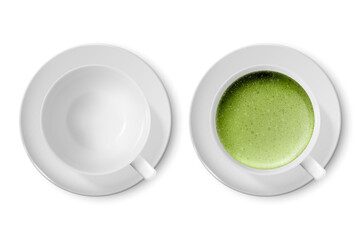 Vector 3d Realistic Ceramic White Coffee Porcelain Ceramic Mug, Cup and Saucer Isolated on White Background. Empty Mug, Green Milk Foam Matcha. Design Template. Top View