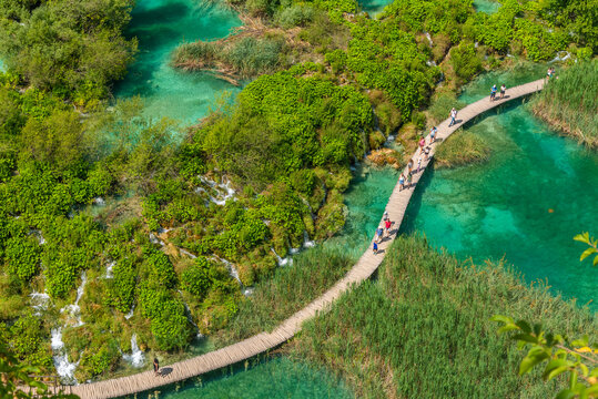 Aerial view of a wooden boardwalk leading through plitvice lakes national park in Croatia