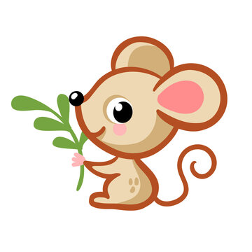 Cute mouse in a cartoon style sits on a white background and holds a twig in his hand. Vector illustration.