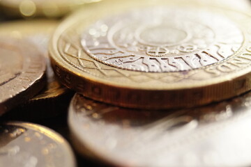 Closeup macro of Sterling two pound coins.