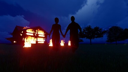 A tragedy. A young couple in love at night caught fire in a wooden house and she escapes from the house, holding hands. Need some help!

