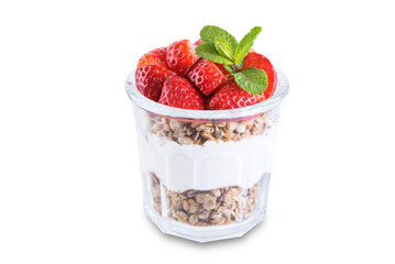 Strawberry Greek yogurt granola parfait in a glass on a white isolated background
